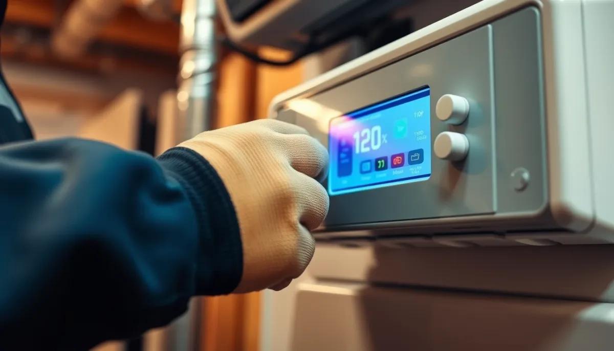 Technicien réglant le panneau de contrôle d'une pompe à chaleur air/eau