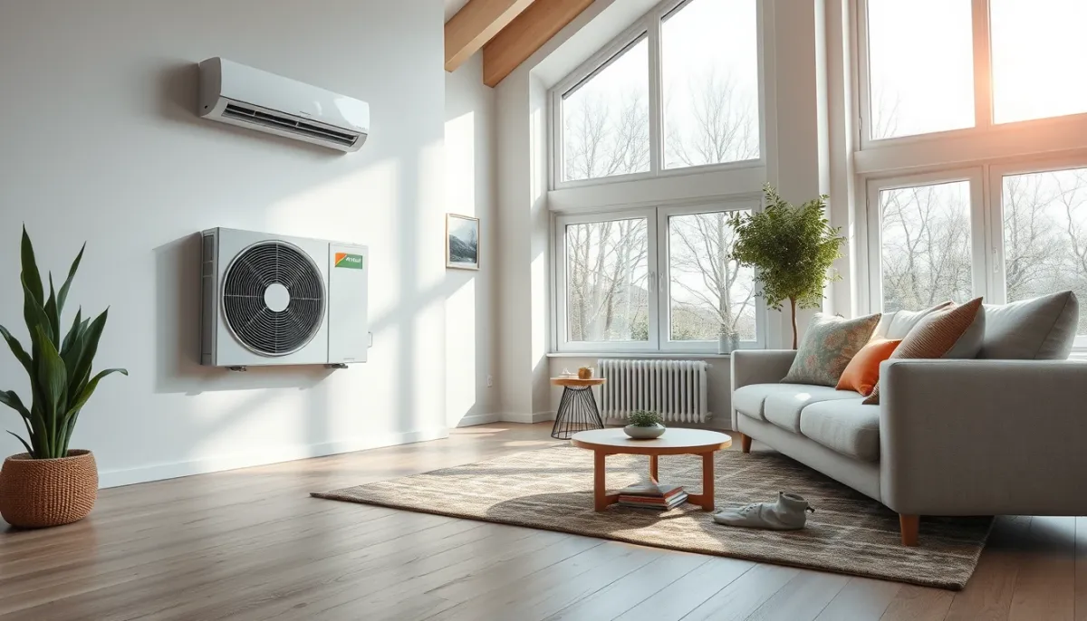 Salon confortable équipé d'une pompe à chaleur air/eau et d'un plancher chauffant