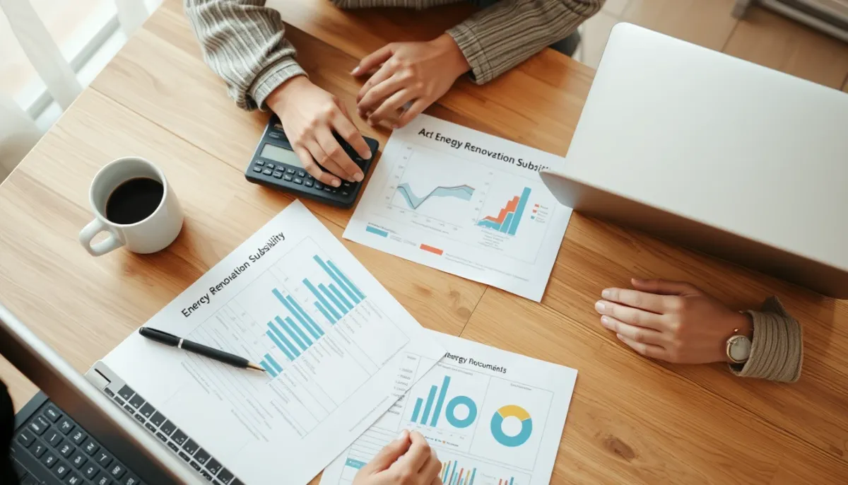 Propriétaire calculant les aides financières pour l'installation d'un poêle à granulés