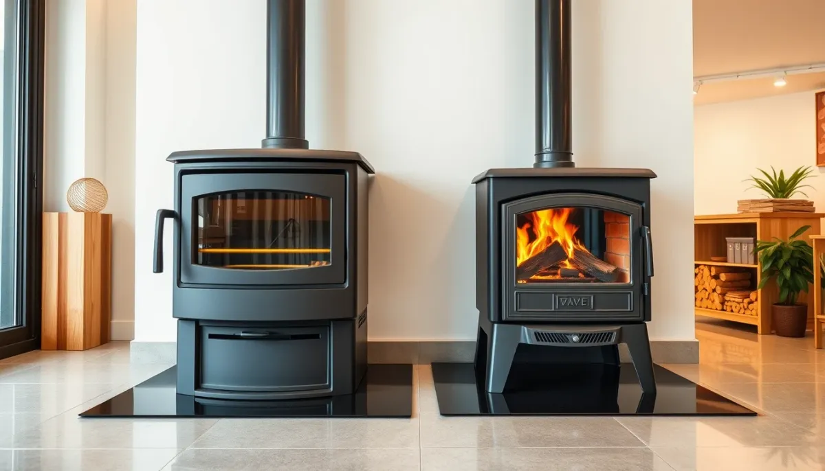 Comparaison entre un poêle à granulés et un poêle à bois dans un showroom