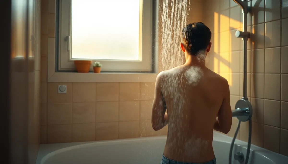 Salle de bain avec douche en fonctionnement, illustrant l'usage quotidien de l'eau chaude