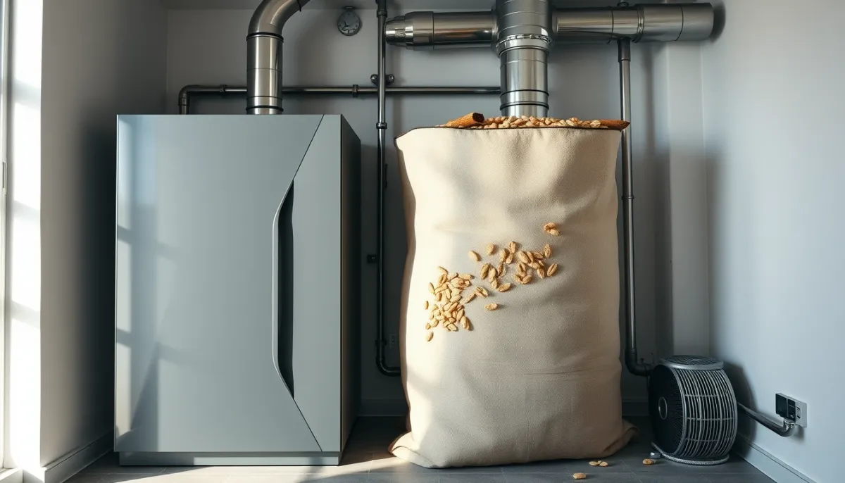Chaudière à granulés, silo textile et tubage inox dans une chaufferie
