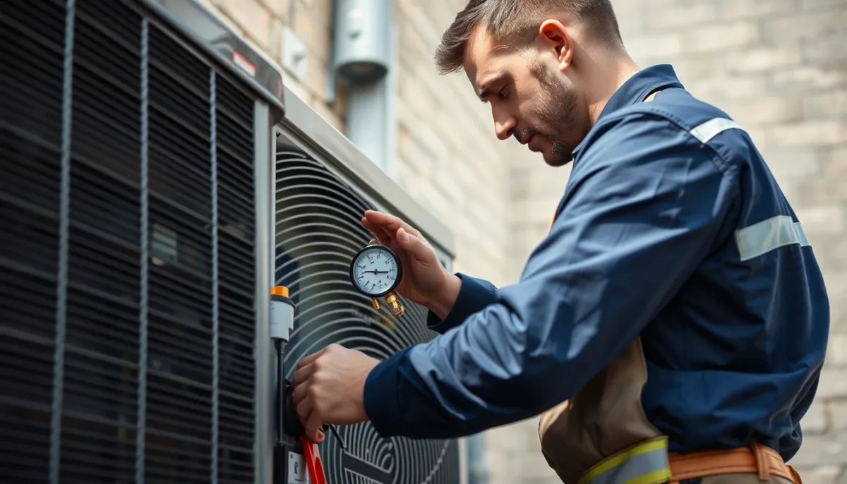 Technicien qualifié effectuant le contrôle d'étanchéité et les réglages d'une pompe à chaleur