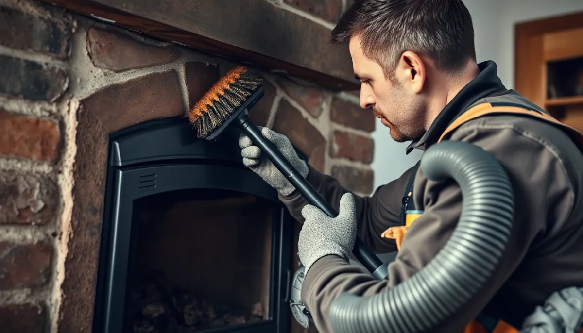 Professionnel effectuant le ramonage d'un conduit de poêle à granulés avec une brosse et un aspirateur spécialisé