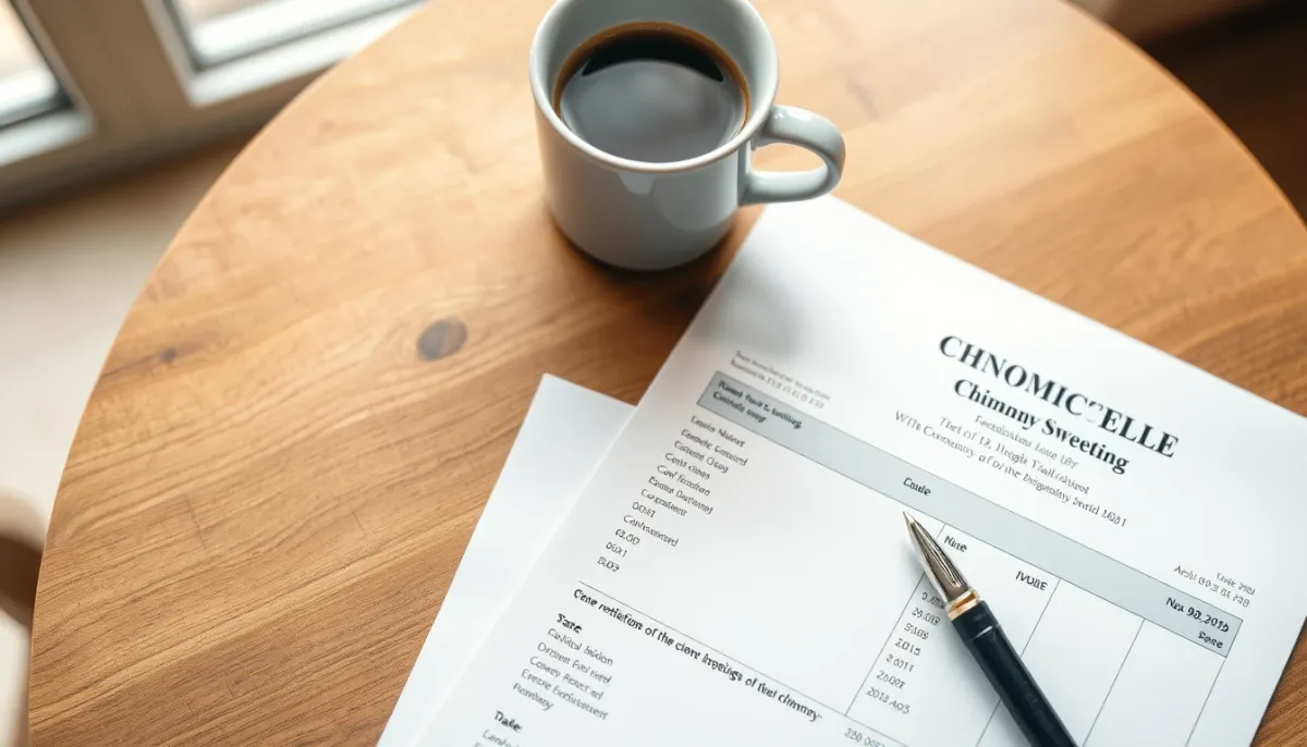 Certificat de ramonage et facture d'entretien posés sur une table, illustrant le coût et les justificatifs nécessaires