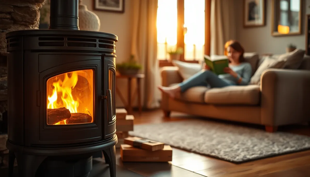 Personne se détendant près d'un poêle à granulés en fonctionnement, montrant le confort et l'usage domestique