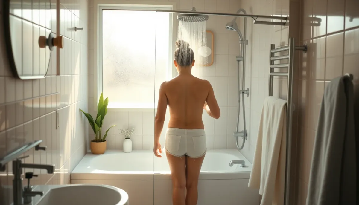 Salle de bain familiale avec douche produisant de la vapeur, illustrant le confort d'eau chaude
