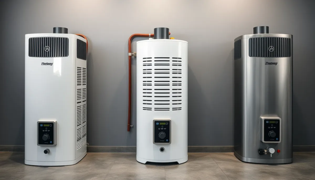 Trois modèles de chauffe-eau thermodynamiques exposés côte à côte en showroom