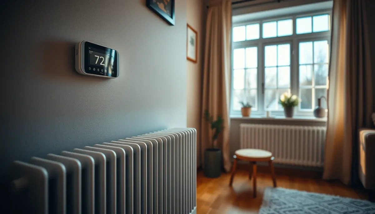 Salon confortable avec un radiateur et un thermostat, illustrant le confort thermique