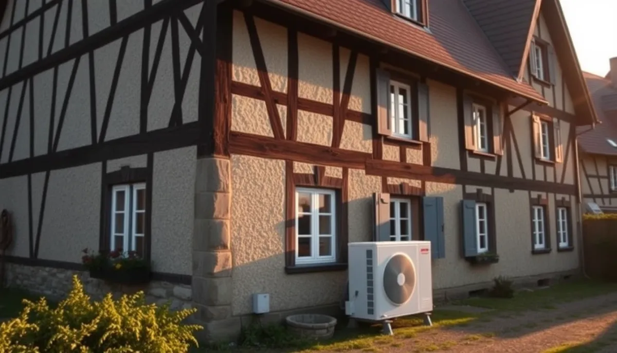 Maison alsacienne traditionnelle avec une pompe à chaleur extérieure