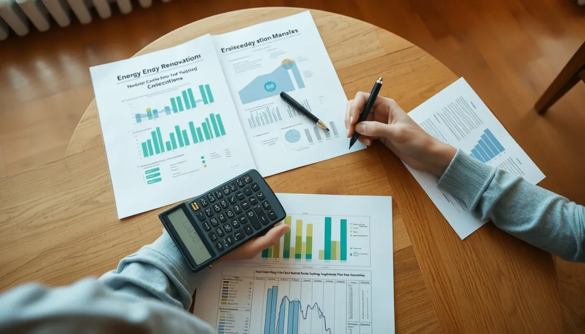 Propriétaire examinant des documents de rénovation énergétique et des simulations d'aides