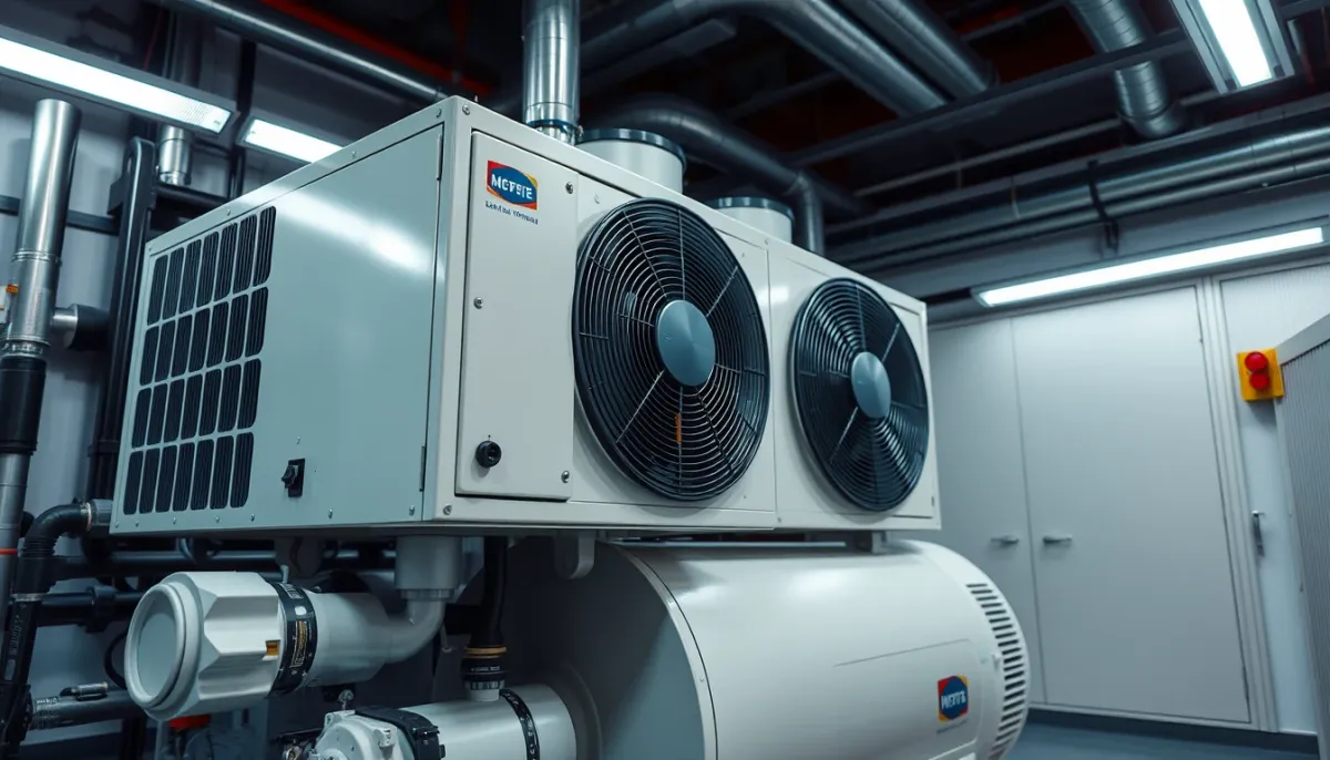 Gros plan sur une pompe à chaleur haute température dans un local technique