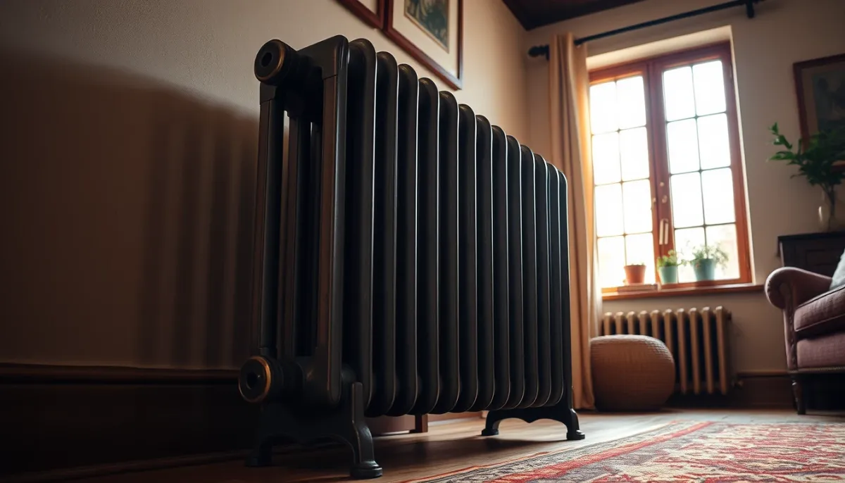 Radiateur en fonte ancien dans un salon chaleureux