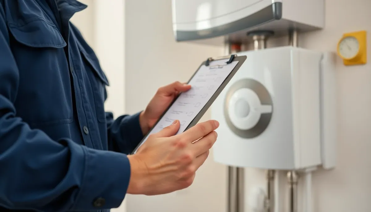 Technicien vérifiant une chaudière gaz à condensation avec une liste de contrôle