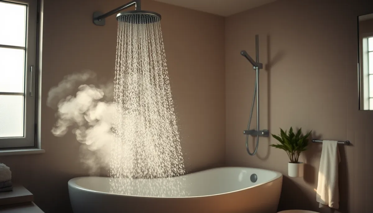 Salle de bain moderne avec douche, illustrant l'usage de l'eau chaude solaire