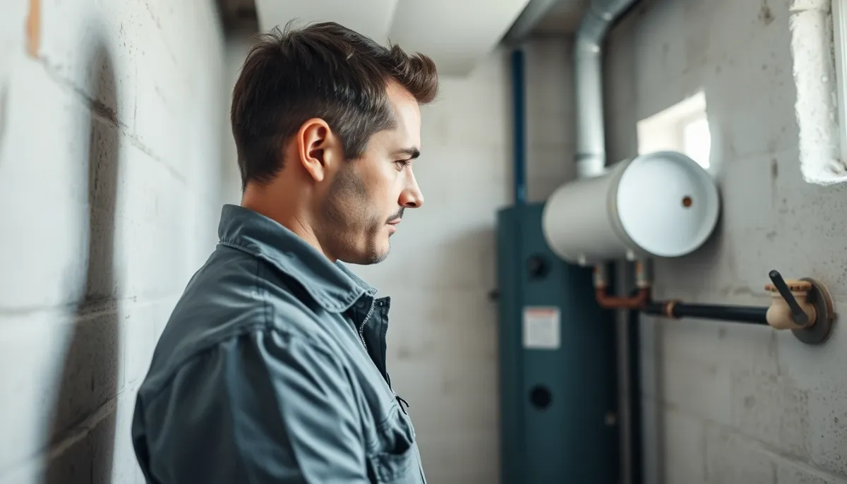 Technicien vérifiant une installation de chauffe-eau solaire en cave