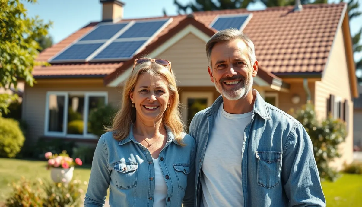 Couple devant sa maison équipée de panneaux solaires thermiques