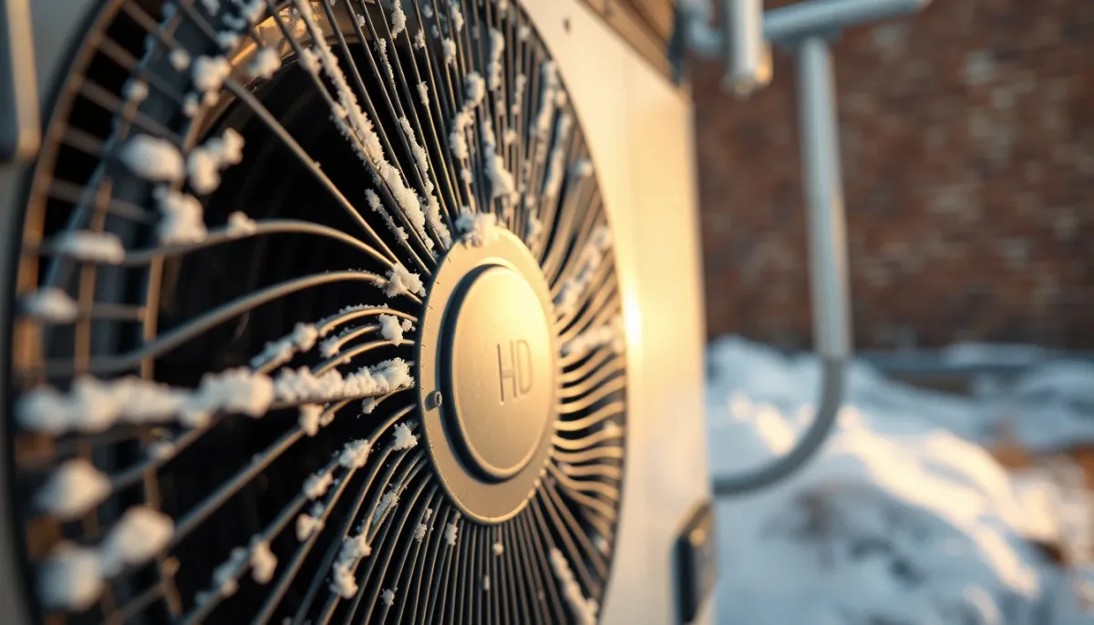 Gros plan sur l'unité extérieure d'une pompe à chaleur en fonctionnement par temps froid