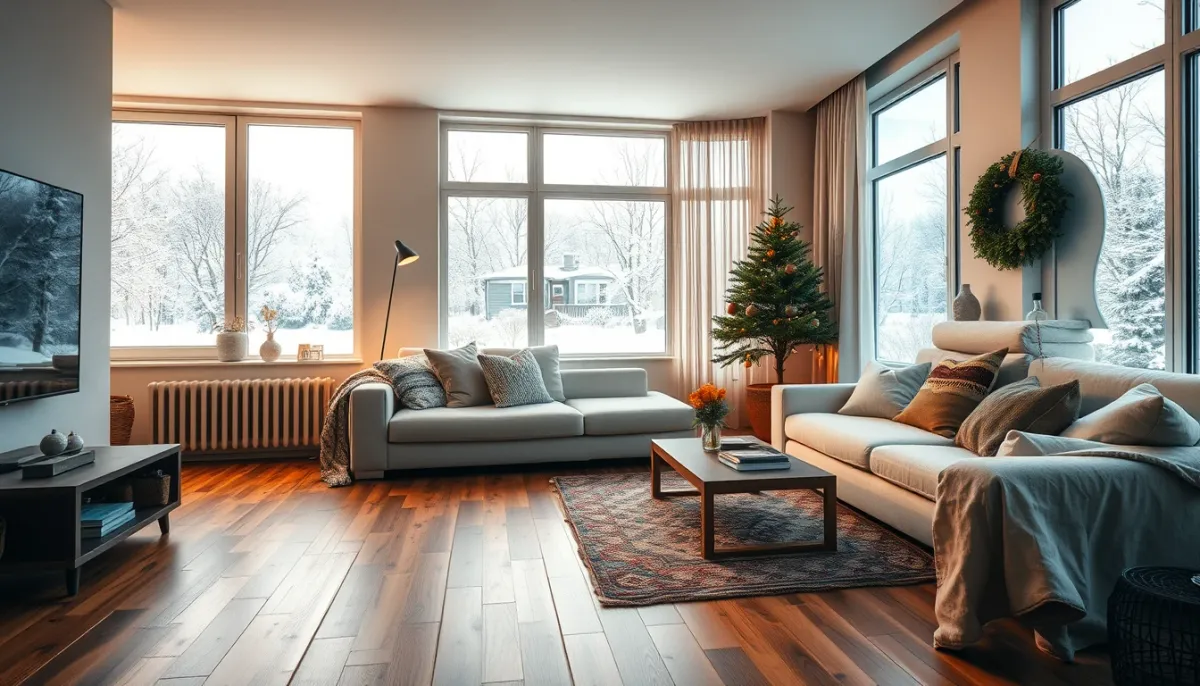 Intérieur confortable d'une maison chauffée par une pompe à chaleur, avec vue sur un paysage enneigé