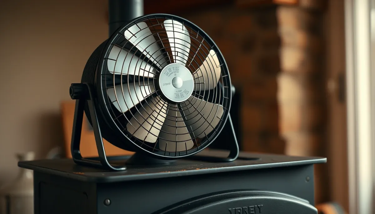 Ventilateur thermique posé sur un poêle à bois, gros plan sur les pales et le module Peltier