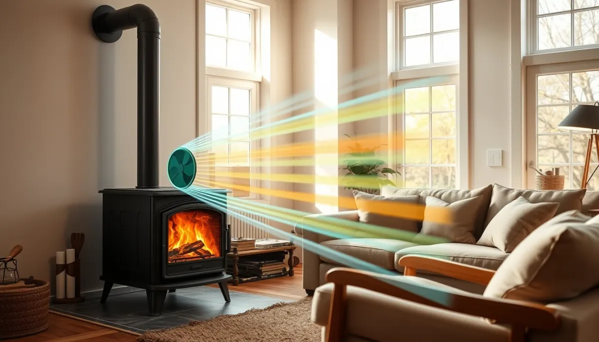 Salon avec poêle à bois et ventilateur thermique en fonctionnement, illustrant la diffusion homogène de la chaleur