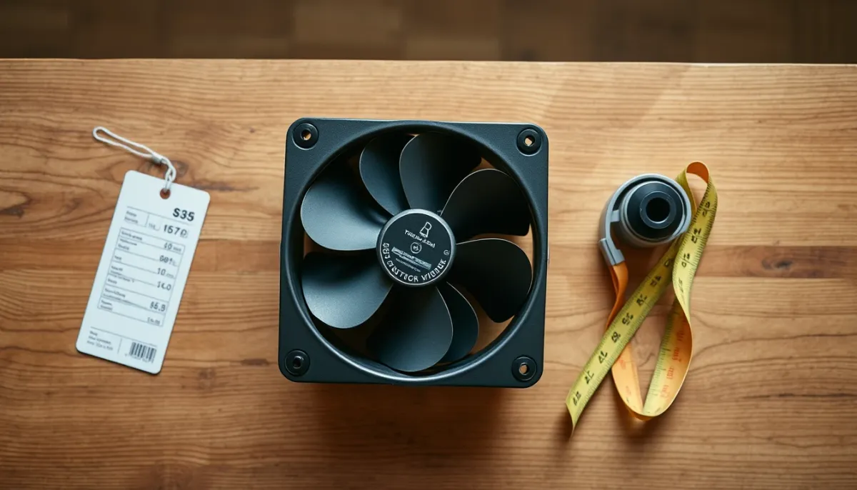 Ventilateur de poêle à bois présenté avec un mètre ruban et une étiquette de prix, illustrant son coût abordable
