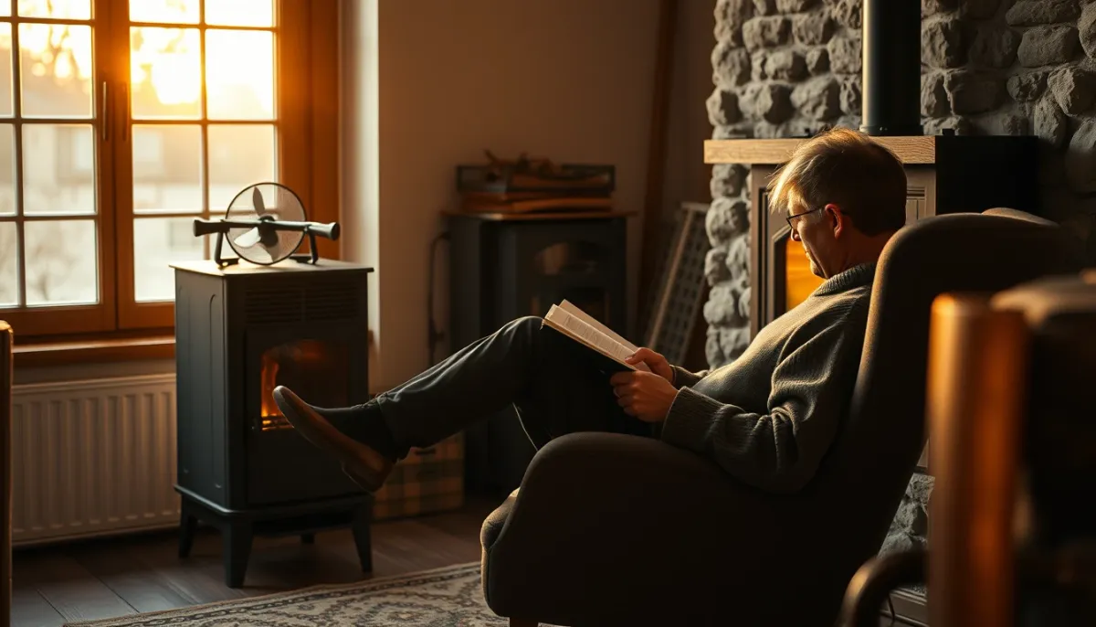 Personne se détendant dans un fauteuil près d'un poêle à bois équipé d'un ventilateur thermique