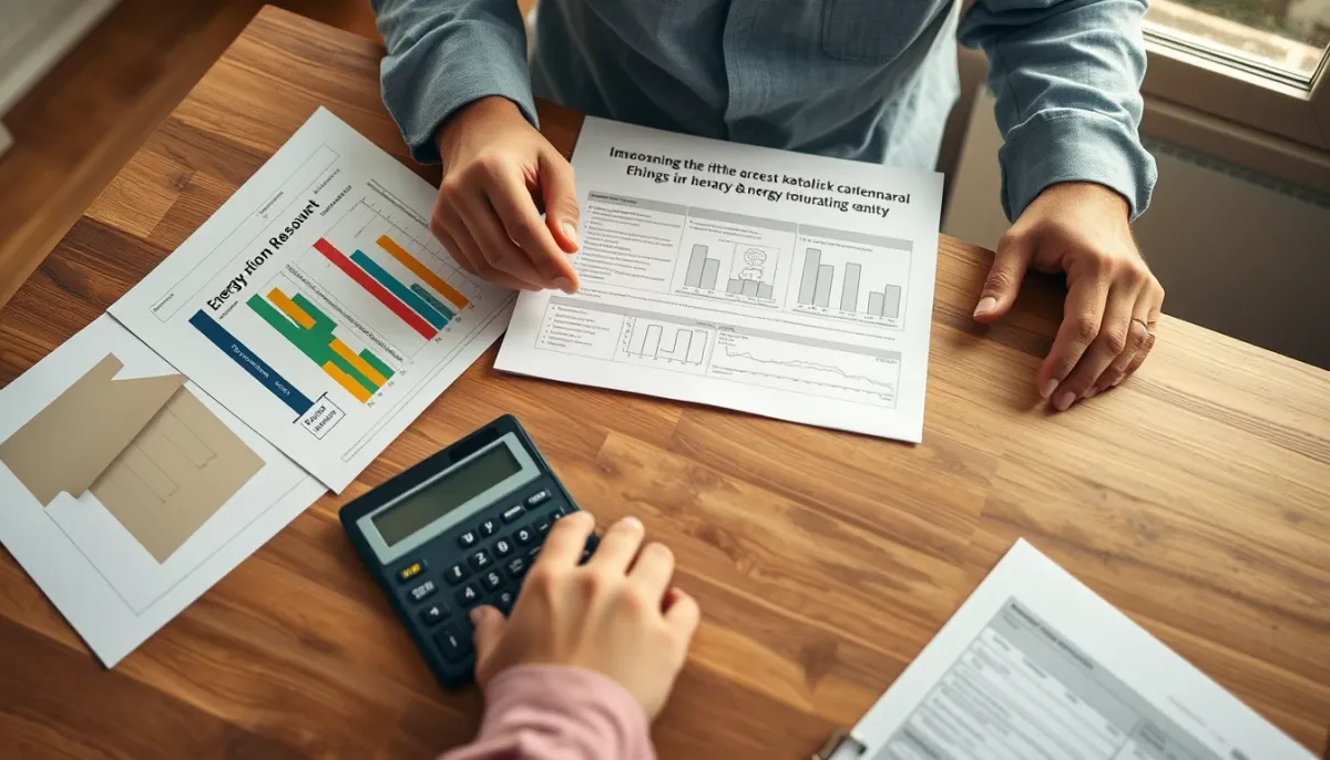 Vue de dessus d'un propriétaire consultant des documents de rénovation énergétique et calculant le montant des aides