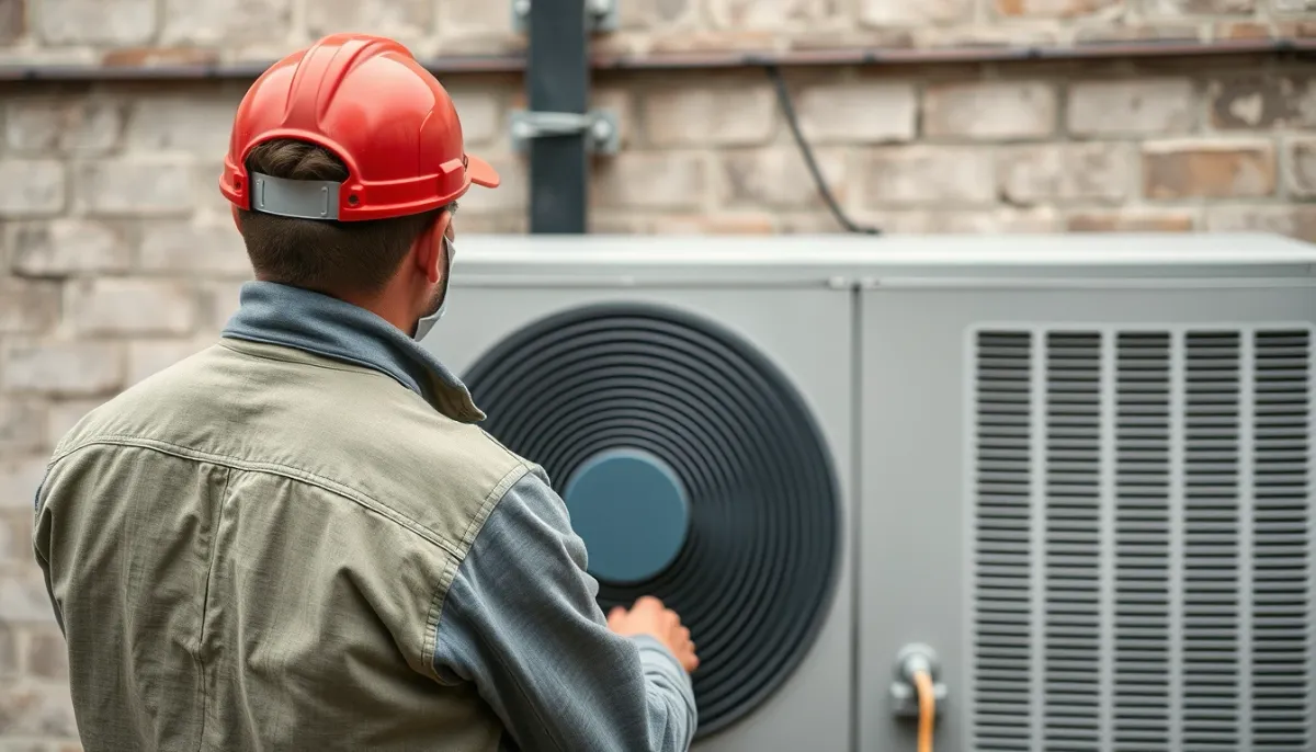 Technicien RGE installant une pompe à chaleur en extérieur, travaillant sur le système de chauffage