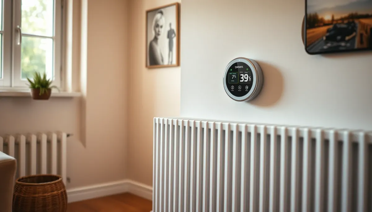 Intérieur confortable avec radiateur et thermostat intelligent, illustrant le confort d'une pompe à chaleur air/eau