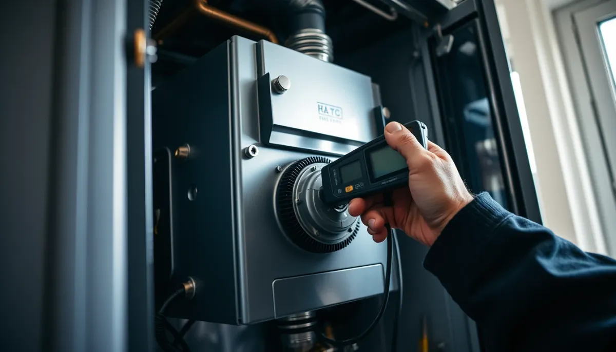 Technicien chauffagiste contrôlant les composants internes d'une chaudière gaz