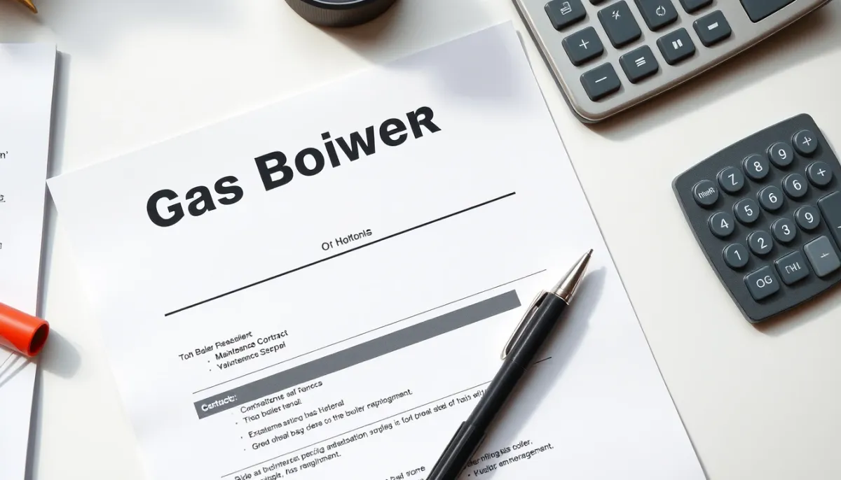 Contrat d'entretien de chaudière gaz posé sur un bureau avec calculatrice