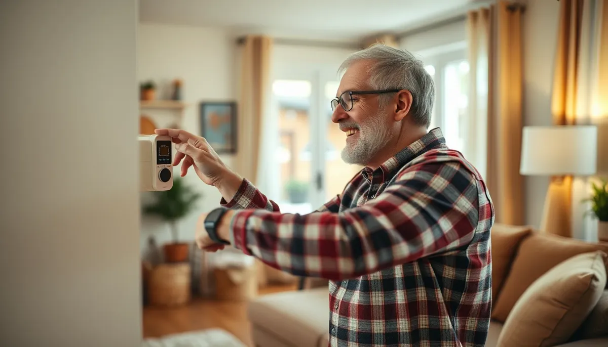 Propriétaire réglant le thermostat de son chauffage dans un salon confortable
