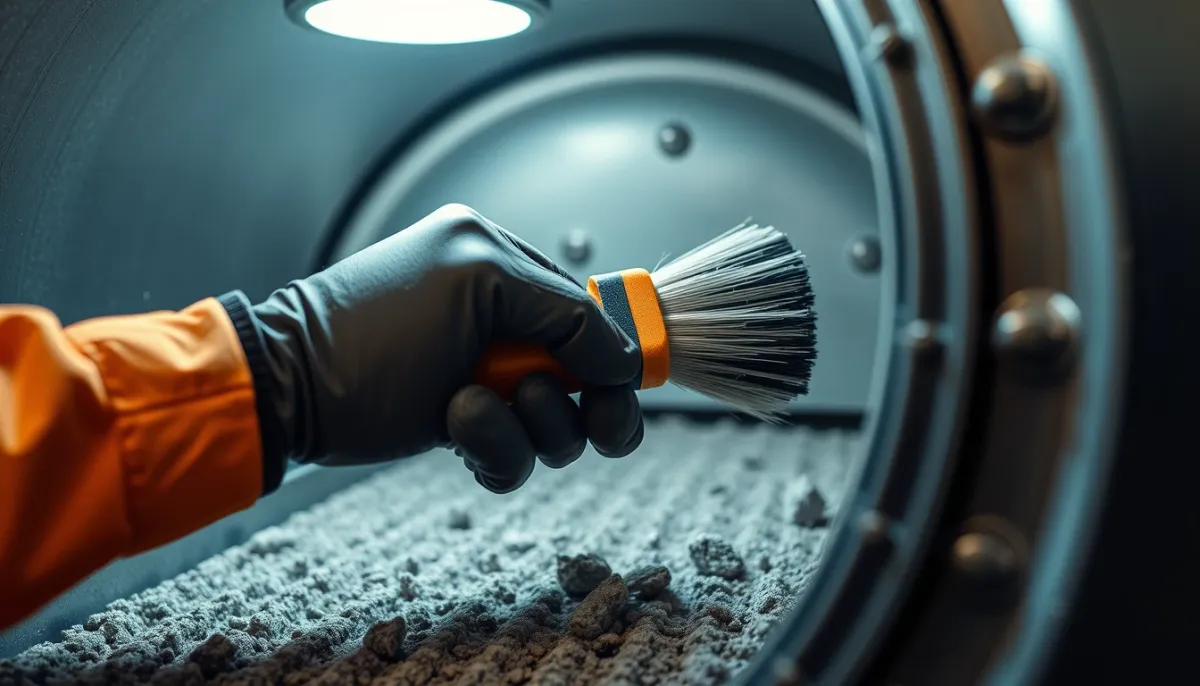 Nettoyage de l'échangeur thermique d'une chaudière à granulés avec une brosse