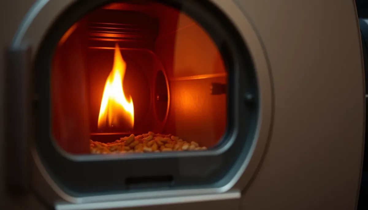 Flamme vive et stable dans le foyer d'une chaudière à granulés entretenue