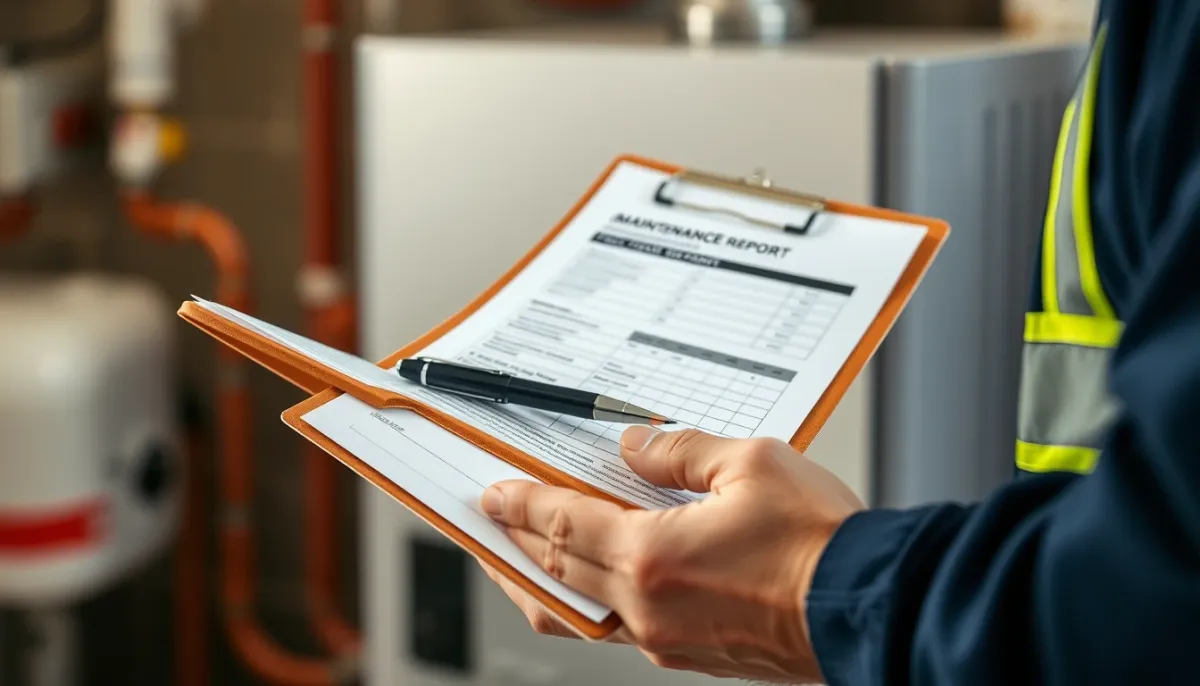 Technicien remplissant un rapport d'entretien devant une chaudière à granulés