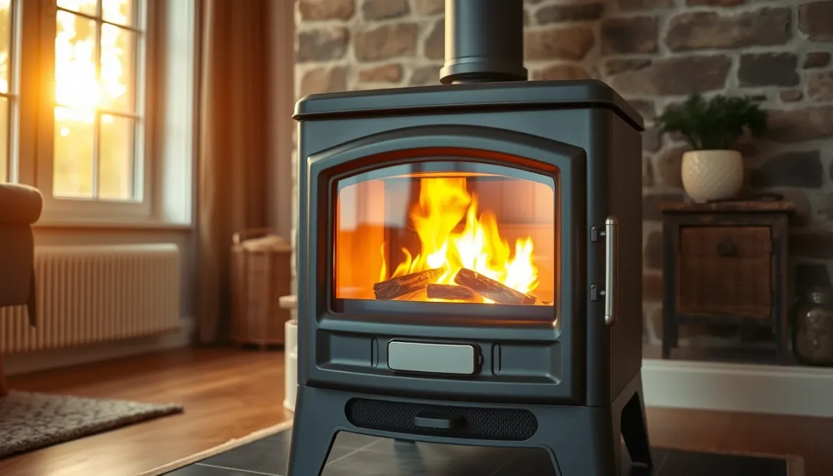 Poêle à granulés bien entretenu avec une vitre propre et une flamme vive dans un salon