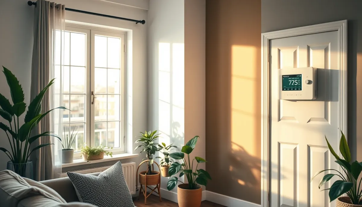 Salon confortable avec thermostat mural d'une pompe à chaleur Atlantic Alféa