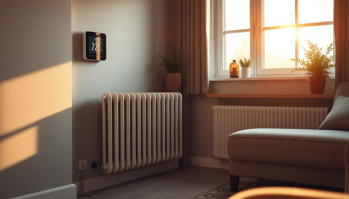 Salon confortable avec radiateur et thermostat intelligent