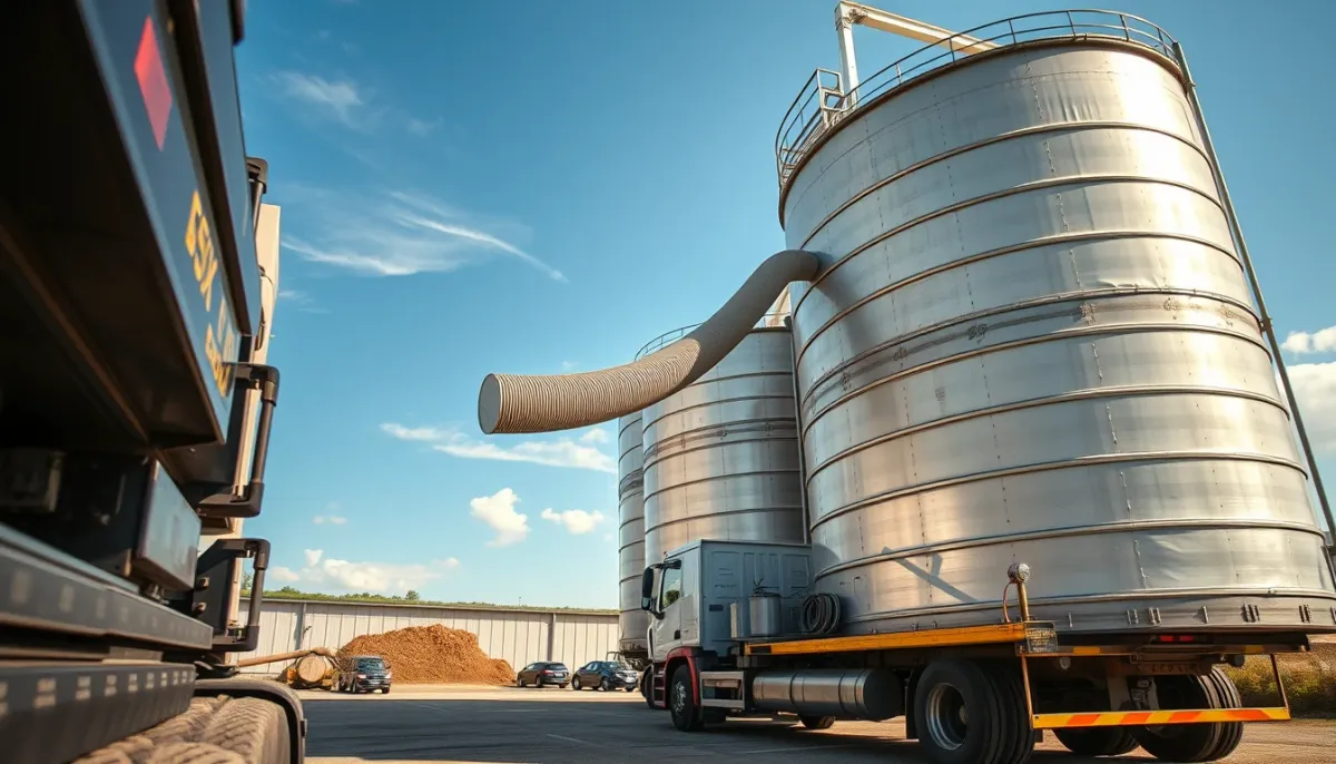 Livraison de granulés de bois en vrac par camion souffleur dans un silo extérieur en été