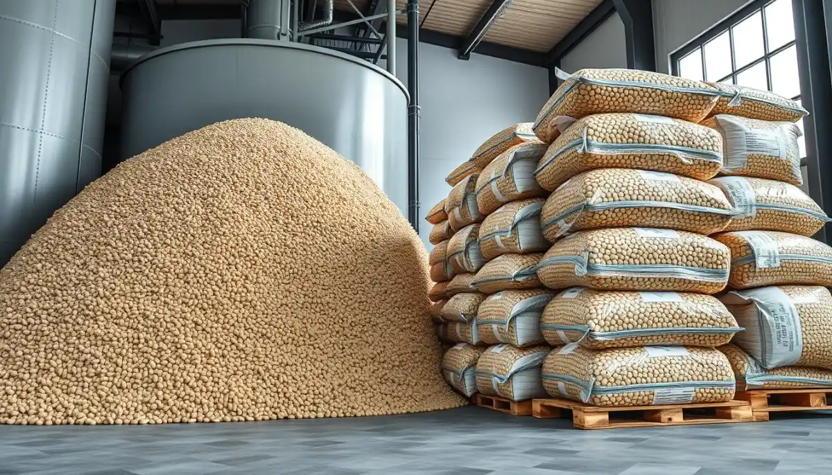 Comparaison entre un silo de granulés en vrac et des palettes de sacs de granulés de bois