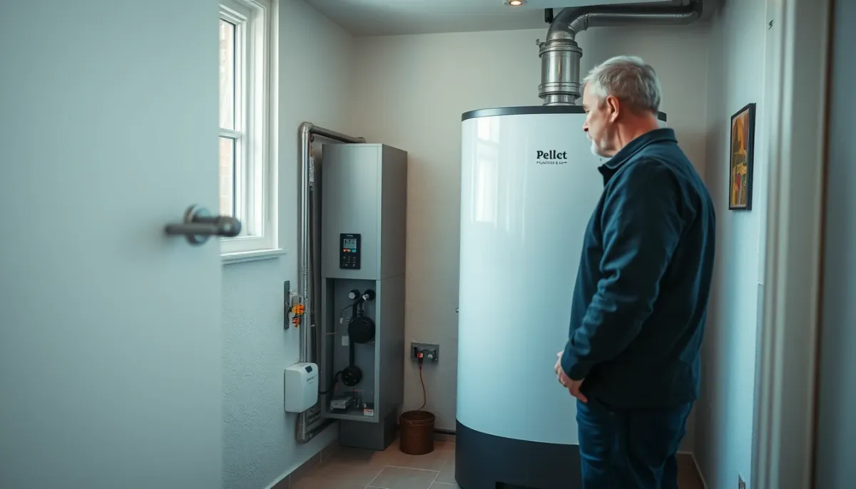 Chaudière à granulés moderne installée dans une maison, avec un propriétaire vérifiant son fonctionnement