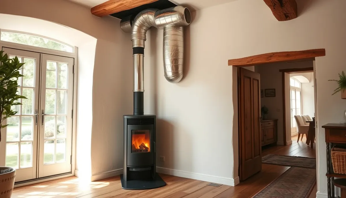 Installation d'un poêle à granulés canalisable dans une maison, avec gaines apparentes vers les pièces adjacentes