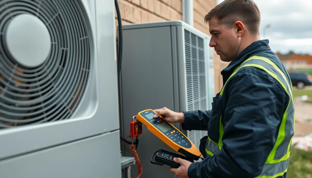 Technicien chauffagiste effectuant un diagnostic sur une pompe à chaleur