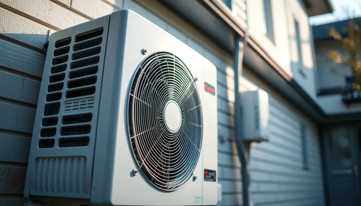 Gros plan sur une pompe à chaleur air/eau installée en extérieur