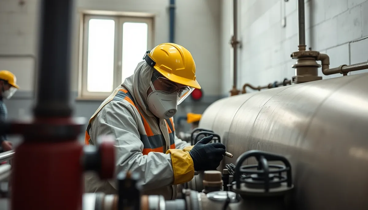 Technicien certifié effectuant la neutralisation d'une cuve à fioul