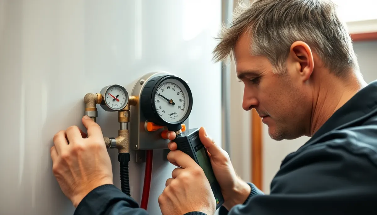 Technicien qualifié utilisant un manomètre et un détecteur de fuite sur un chauffe-eau thermodynamique