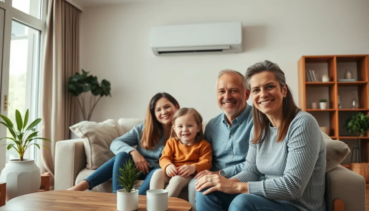 Famille profitant d'un confort thermique dans un salon équipé d'une pompe à chaleur air/air multisplit