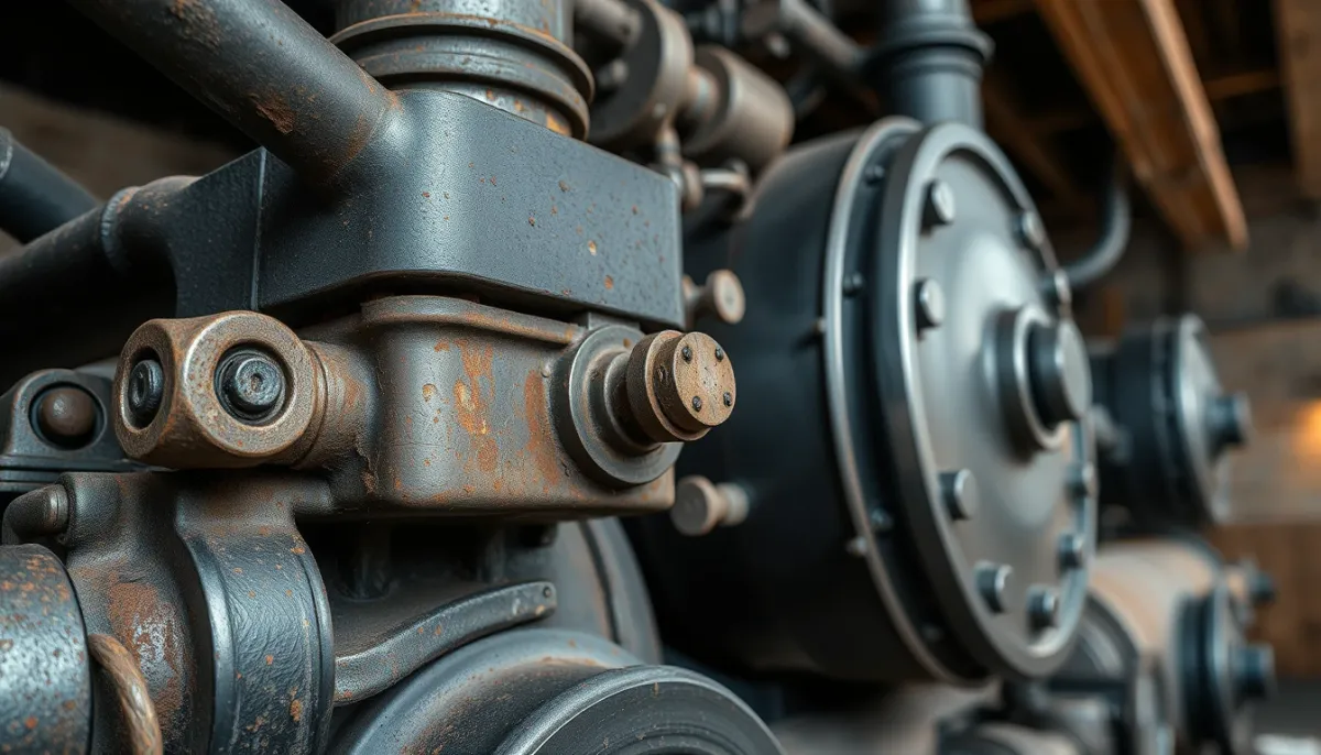 Gros plan sur les composants techniques d'une chaudière fioul ancienne