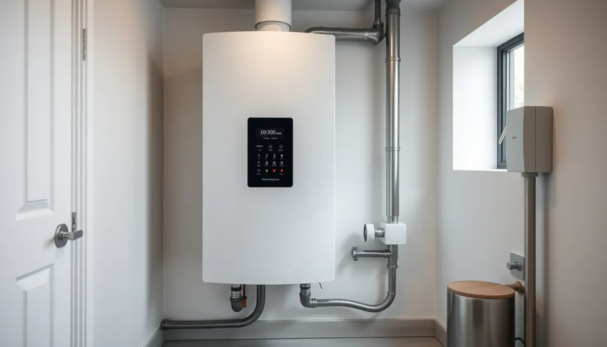 Chaudière à condensation récente installée dans une chaufferie moderne